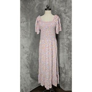Heyson Women 1XL Floral Smock Maxi Dress Square Neck Flutter Sleeve Cottagecore